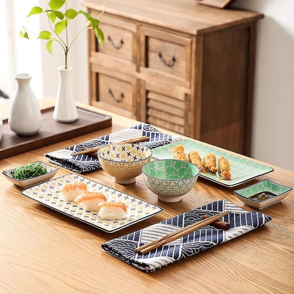 Porslin Sushi Platta Set för 2. Japansk Stil Keramisk Svart Vit 6 Delar [kk]