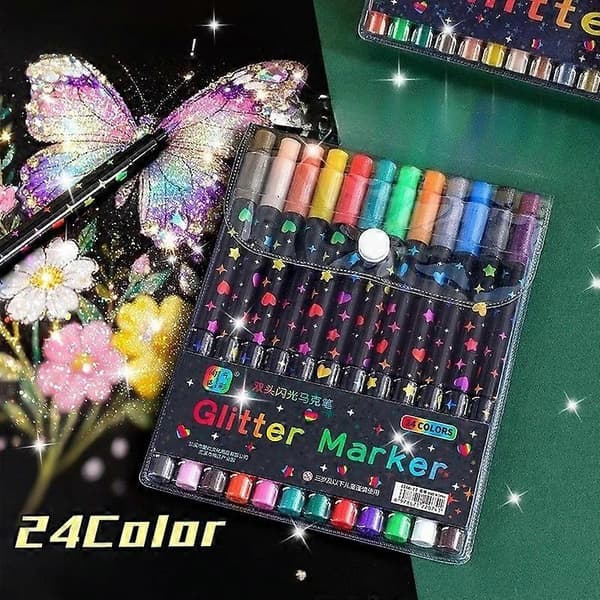 Dobbelt-hoved Dobbeltfarvet Glitter Marker Blød-hoved Akvarel Pensel Til Scrapbog (D) 12pcs