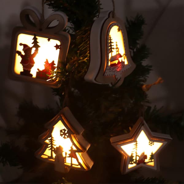 LED juletrepynt i tre - Rustikk dekor 2-delt sett [D]