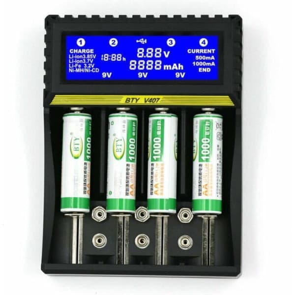 BTY407 Multifunksjonell Batterilader for 18650 Li-ion/NiMH/NiCd/5AA/7AAA/9V Batterier Noir 0.05