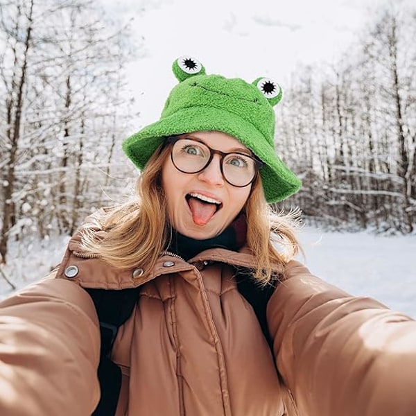 Plush Grodahatt Söt Grön Packbar Bucket Hat Höst Vinter Håll Varmt Rolig Djurhatt för Vuxna Kvinnor Män Utomhus Inomhusaktiviteter