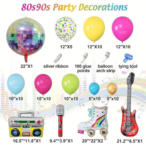 90-tals 80-tals Temafest Dekorationer, 90 st Ballongbåge Kit 6 st Uppblåsbara Retro Discokula Mikrofon Regnbåge Rullskridsko Boombox Gitarr Ballong För B