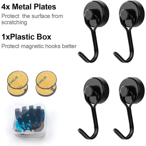 Neodym Magneter 4-Pack med Krokar Extra Starka för Tunga Laster Svart[D]