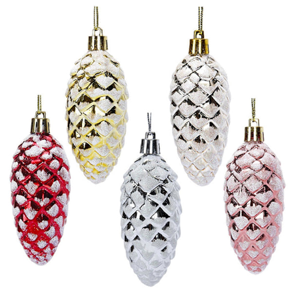5 stk Julerud Ornamenter i Plast, Fargerike Glitrende Furukongler, Hengende Pynt for Festlig Dekorasjon av Juleriet