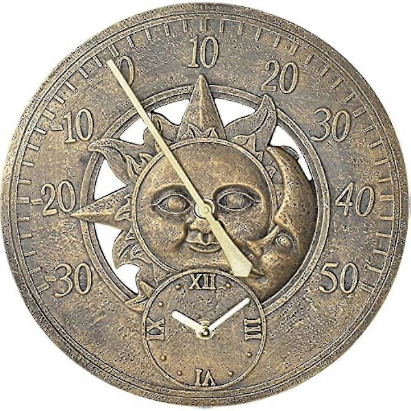 Trädgårdstermometer Klocka Analog Vägg Brons Sol & Måne 30cm Klocka Med Vintage Stil Väderbeständig Batteridriven Termometer Vädersta[D]