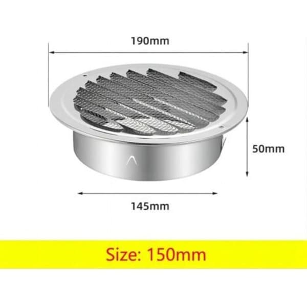 150 mm rund ventilasjonsrist i rustfritt stål med integrert myggnett. (D)