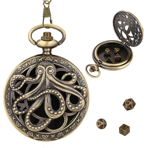 Mini DND Tärningssats Polyhedral Metalltärningar med Kedja Steampunk Växel Bläckfisk Fickur Tärningssats för Rollspel