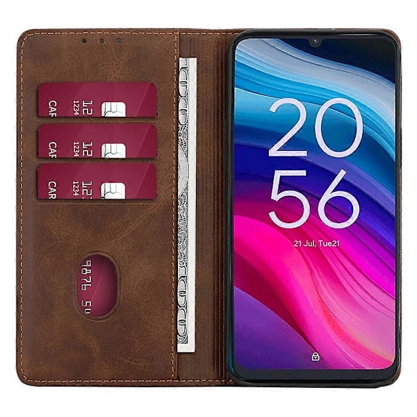 Mobilfodral för TCL 505 med kortfack, kalvskinnstruktur, stötsäkert, stativfunktion Brown