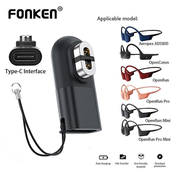 Fonken Magnetisk USB C Laddningsadapter för Aeropex AS800/OpenComm/OpenRun Benledning Hörlurar Laddare Connverter black
