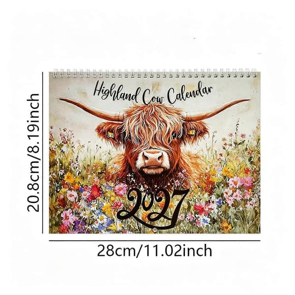 2027 Highland Cattle Mønster Årskalender Gårdsplanlegger for Hjemmekontorstudie (D)