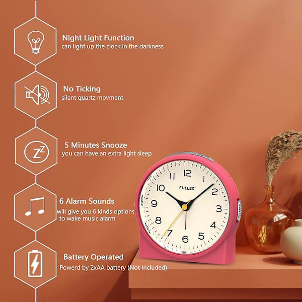 Tyst Analog Alarmklocka, Tick-Free, För Tungsovare, Snooze, 6 Väckarklocksljud, Batteridriven och Ljusfunktioner, Enkel Inställning (Blå)