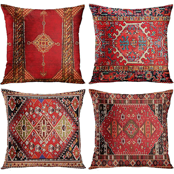 4-delars Set Vintage Röd Blommig Turkisk Persisk Matta Linne Kuddfodral Hemkudde Kudde Kuddfodral Geometrisk Persisk Kilim Heminredning 4 St