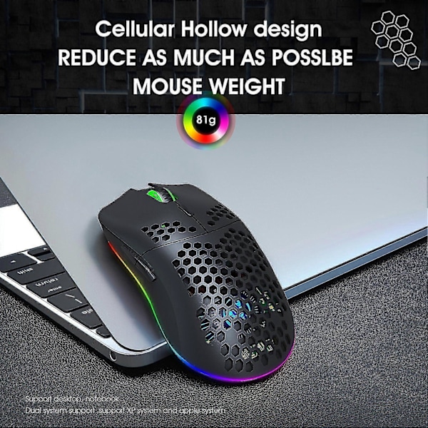 Hxsj T66 RGB 2.4g Trådlös Spelmus RGB-belysning Laddningsbar Mus med Justerbar DPI Ergonomisk black
