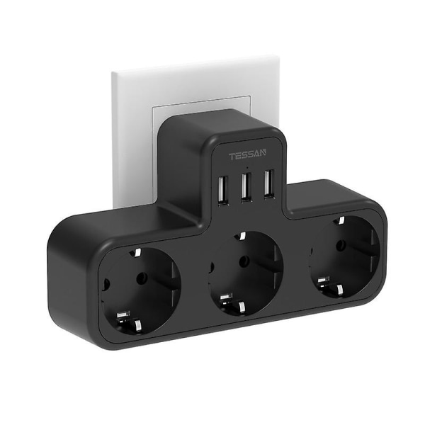 EU USB-uttagsadapter med 3 AC-uttag och 3 USB-laddningsportar, med flera skydd, för smartphone, surfplatta [kk] Black