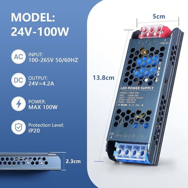 Strømtransformator til LED-strips, AC100V-265V til DC24V, 100W, velegnet til LED-strips Bleu 0.175 kg