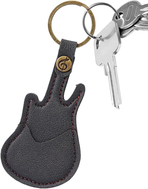Basplektrumhållare | Plektrumfodral med ring | Gitarrformad nyckelring i konstläder (PU) (D)