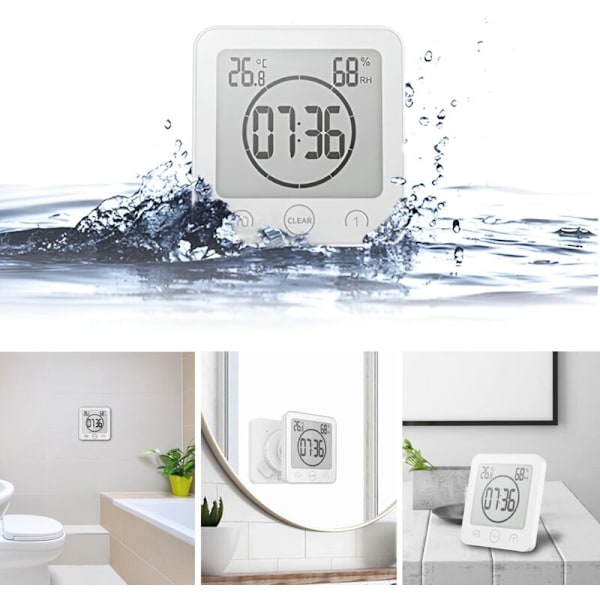 Badrumsklocka, vattentät duschklocka med touchkontroll, LCD, termometer, hygrometer, timer, vit Blanc 0.5 kg