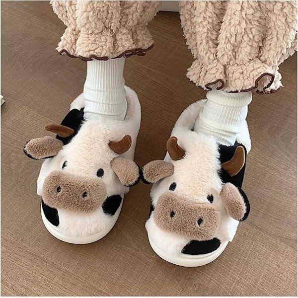 Gaolinci Cartoon Ko Slippers i Bomull, Vinter Inomhus & Utomhus Tofflor för Kvinnor (43-44)