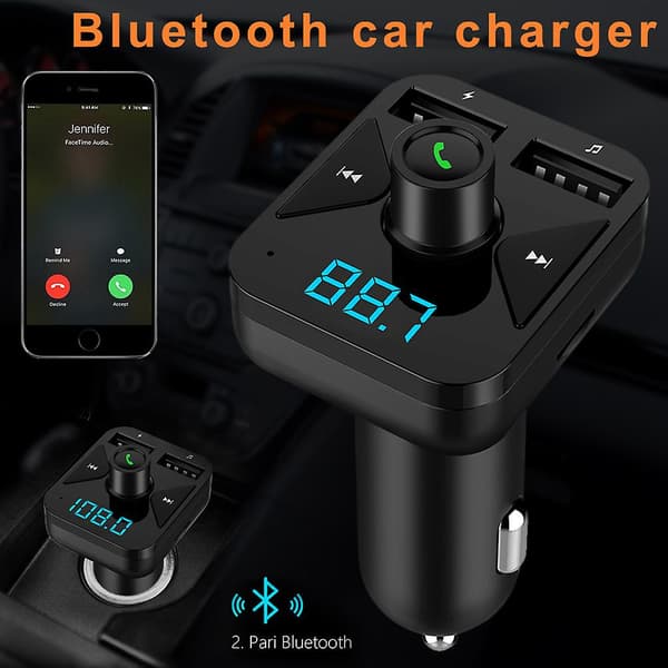 MP3 Musikafspiller FM Transmitter Bluetooth Trådløs Dobbelt USB Output Biloplader[D] Black