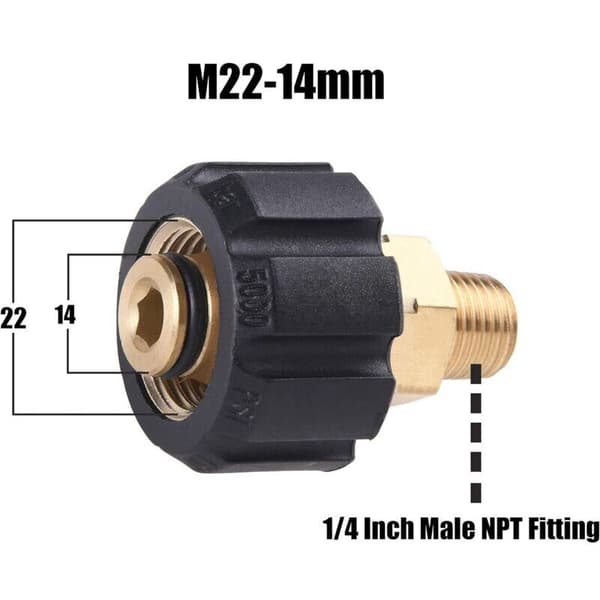 Højtryksrenseradapter, M22 metrisk hun til 1/4 tomme NPT hanfitting, 5000 PSI 0.05