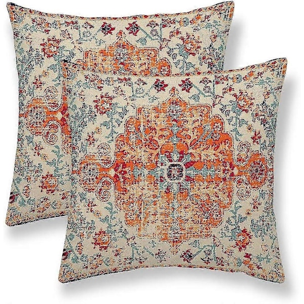 Brændt Orange Boho Pyntepudebetræk 18x18 Sæt Med 2, Tæppe Etnisk Mønster Pudebetræk Boheme Rustik Bondehus Pude