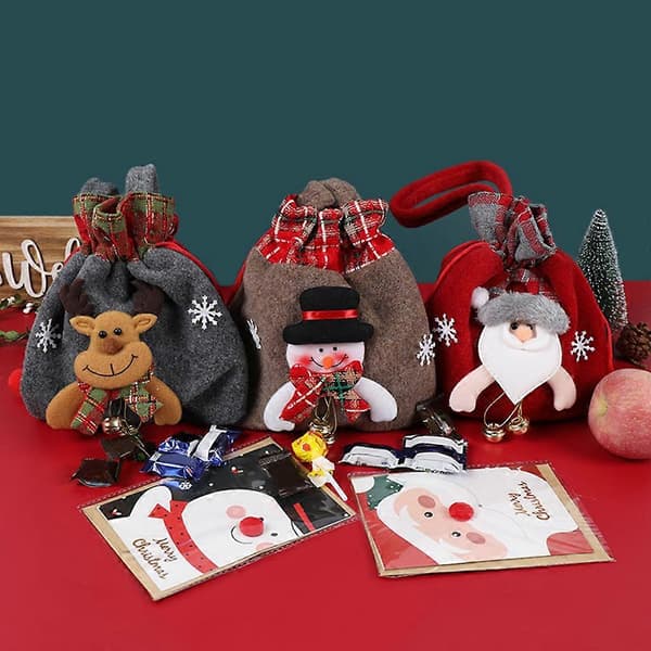 Julegaveposer med snøre, stofpose, julegaveindpakningspose, julemandspose til julefrokost [D] Snowman