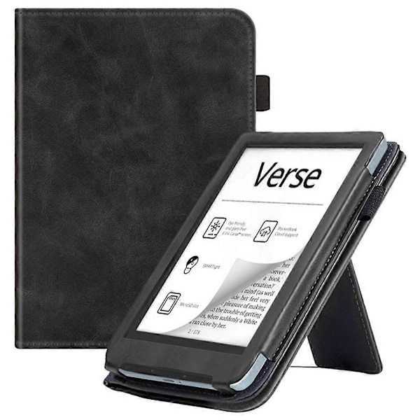 Skyddsfodral med stativ i PU-läder för PocketBook Verse PB629 E-läsare, automatisk väckning/sömn Black