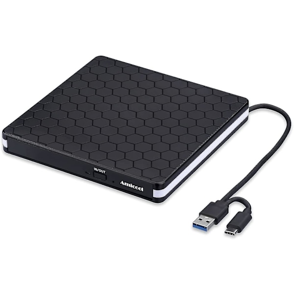 Extern DVD-enhet, Amicool USB 3.0 Typ-c CD DVD +/-rw optisk enhet USB C-brännare Slim CD/dvd Rom Rewriter Writer Reader Portable