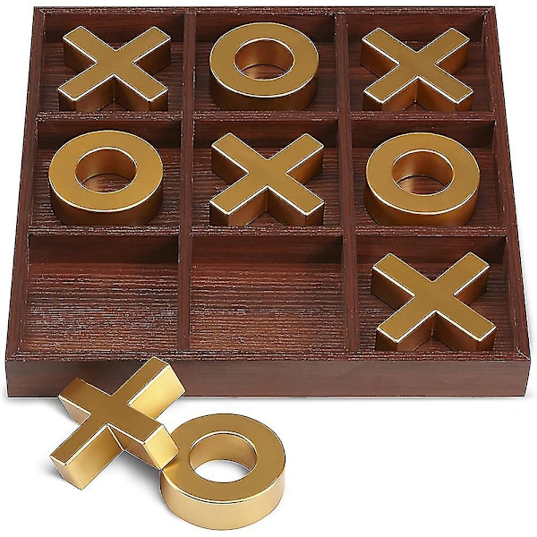 Massivt trä Tic-tac-toe brädspel - 10 delar Premium Giant Gold 14 tum - Utomhus/inomhus fest set leksak för barn/vuxna - Bakgård underhållning gold