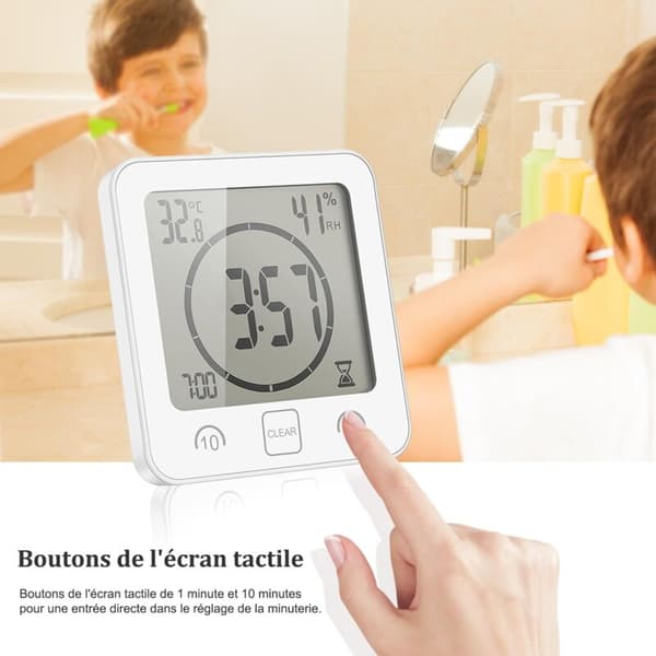 Badrumsklocka, vattentät duschklocka med touchkontroll, LCD, termometer, hygrometer, timer, vit Blanc 0.5 kg