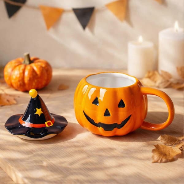 Gresskarformet keramisk krus med heksehatt-lokk Halloween-tema drikkekopp gave til venner (D)
