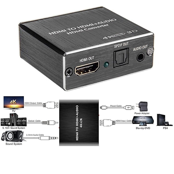 HDMI Stereo Audio Extractor Konverter 4K * 2K HDMI till HDMI + Optisk SPDIF 3.5mm