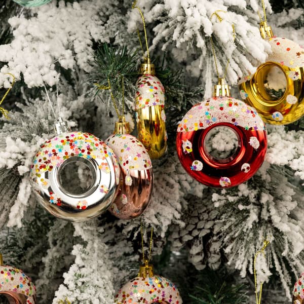 Juldekoration Set med 8 Rosa Glasprydnader med Glitterhängare[D]