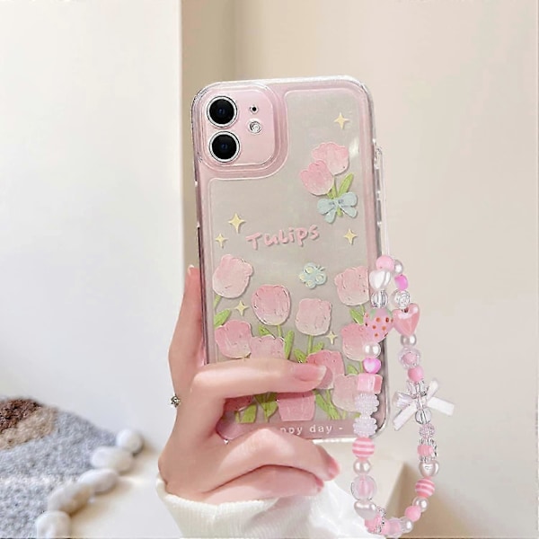 Yhteensopiva iPhone 7 -kotelon, iPhone 8 -kotelon, iPhone SE 2020/SE 2022 -kotelon kanssa, kukka- ja tulppaanikuvio, söpö rusetti, mansikkahelminauha, ohut Sof[D] iPhone 12 Mini-5.4 inch