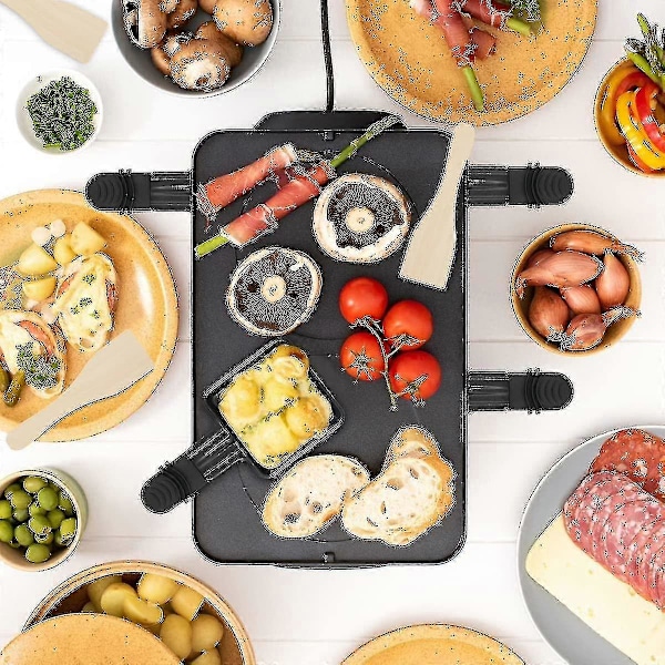 4 stk. Raclette-skåle til grill og 4 stk. Raclette-spatel i træ Polon Raclette Grill Non-stick belægning i støbejern Mini tallerken med isoleret håndtag