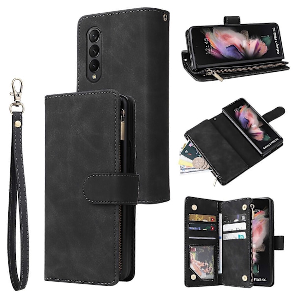 Fodral för Samsung Galaxy Z FOLD 3 5G Läder Magnetisk Handväska Dragkedja Fickficka Armband Kompatibel med Samsung Galaxy Z FOLD 3 5G Fodral