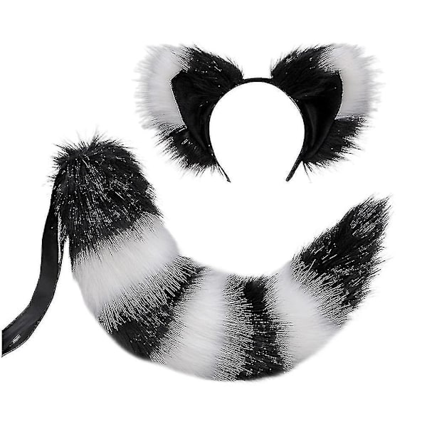 Revhale og ører, katt ulv vaskebjørn ører hale sett, dyr pels hale, ører pannebånd, halloween jul [kk] black White