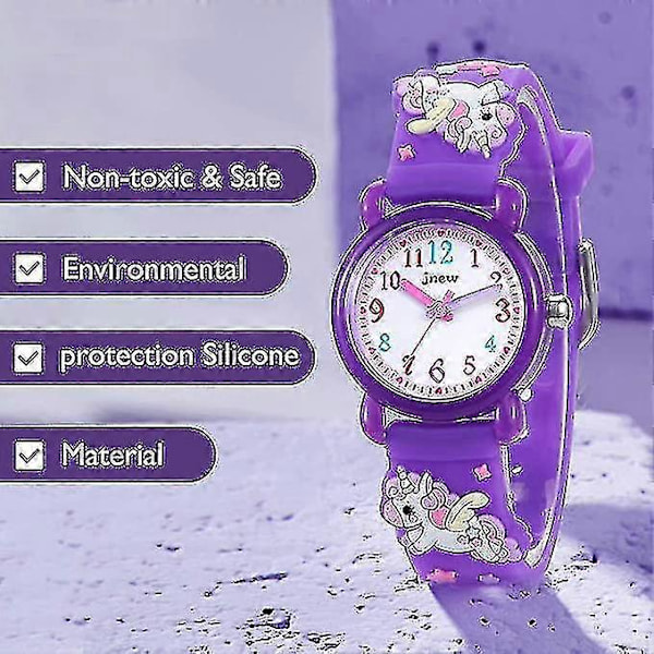 3D-sarjakuva vedenpitävät lasten kellot hälytyksellä - Yksisarvinen lasten sarjakuvakello parhaat lelut lahjat tytöille 3-10 vuotta (Väri: Syvän purppura)[D] Deep Purple