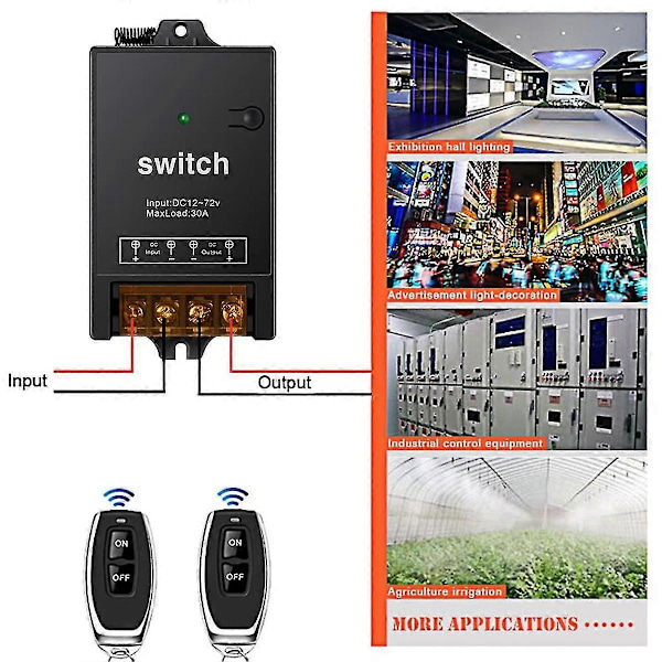 12V Fjernkontrollbryter med 30A Relé, DC 72V 60V 48V 36V 24V 12V Trådløs Bryter for Lys, Lamper, Vifter