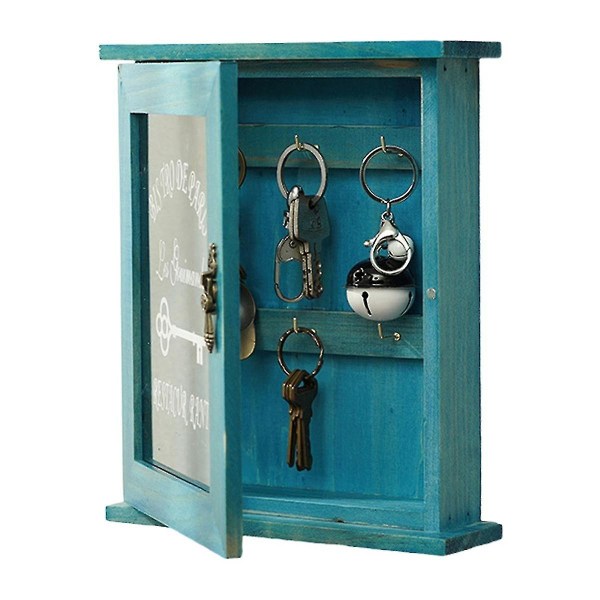 Nyckellåda i trä, retro, vägg, nyckelskåp med magnetdörr, hållbar förvaring av massivt trä med 6 krokar-B [kk] Blue