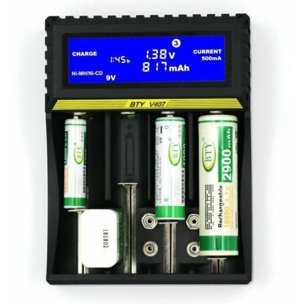 BTY407 Multifunksjonell Batterilader for 18650 Li-ion/NiMH/NiCd/5AA/7AAA/9V Batterier Noir 0.05