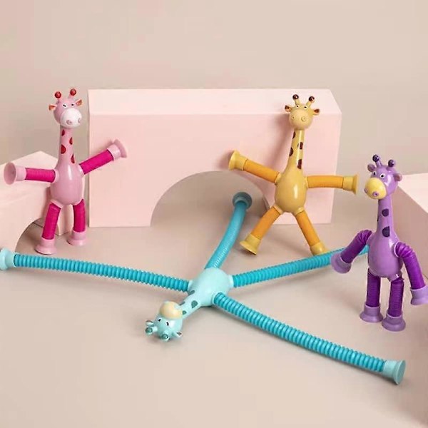 4 stk Teleskopiske Sugkopper Giraff Leke, Formskiftende Giraff Teleskopisk Rør Tegneserie Puslespill Sugkopp Foreldre-Barn Interaktiv Avspenningsleke Without lights