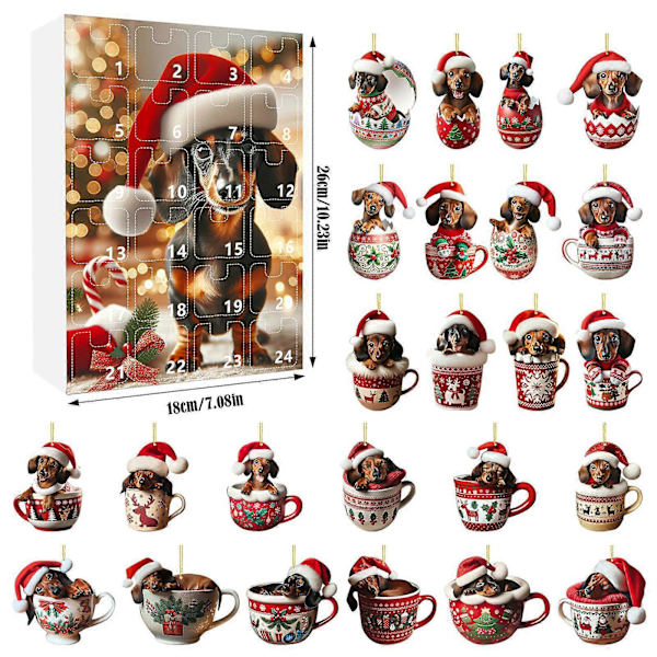 Skønheds Adventskalender 2024 2024 Festival Ferie Adventskalender 24 Dages Jule Nedtællingskalender Dachshund Vedhæng Med Julemandshuer 2D Juletræ