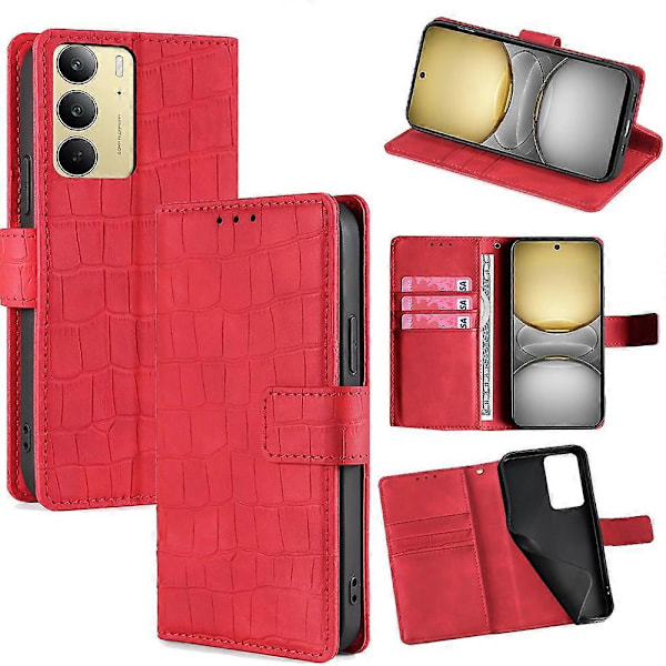 För Realme C75/Realme 14x 5G Läderfodral Plånboksställ Krokodiltextur Mobiltelefonskydd[D] Multicolor Red