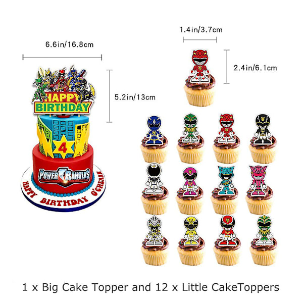 Power Rangers -teemajuhlatarvikkeet syntymäpäiväkoristeluun, sisältää syntymäpäiväbannerit, kakun koristeet, ilmapallot ja cupcake-koristeet