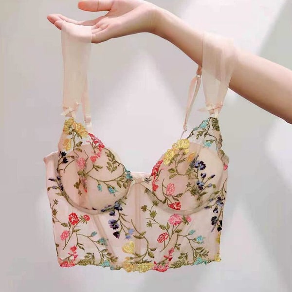 Fransk Vår Blommig Broderi Underkläder Topp Romantisk Tunn Kupa med Vaddering Bralette Kvinnor Sexig Push Up Underkläder Söt Spets BH Beige[YJD] Beige M