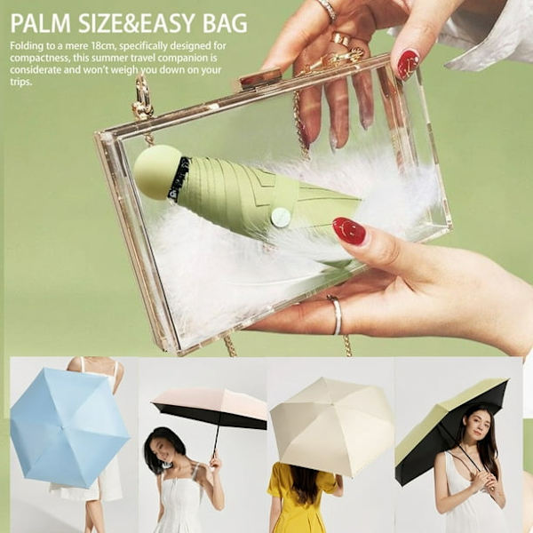 Foldbar parasol med seks ribber og etui til solbeskyttelse og regnbeskyttelse, velegnet til rejsende piger og kvinder green