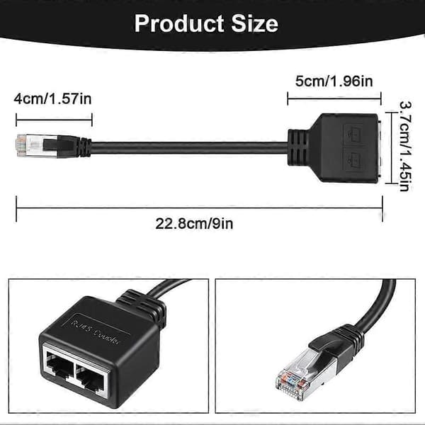 LAN Ethernet Adapter RJ45 Han til 2 Hun Splitter RJ45 1 til 2 Ethernet LAN Netværksadapter Kabel[D] Black