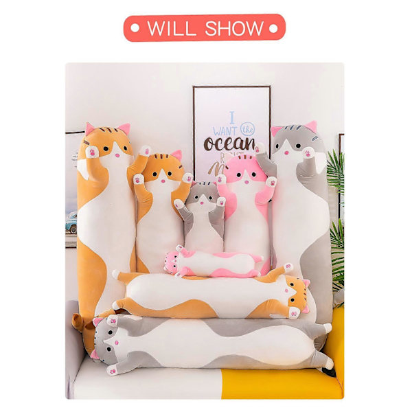 Mjuk Plush Kattkudde Lång Sängkudde Bomulls Kattkudde Gosig Fylld Söt Plushdocka Leksak Present