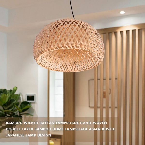 Lampskärm i bambu rotting, handvävd dubbelskikts bambu kupol lampskärm asiatisk rustik japansk Wood color